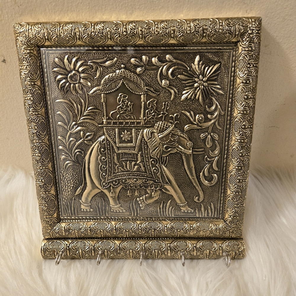 Elephant Meenakari Gold Wall Plaque Key Hooks Holder Ethnic Indian Hanging Decor